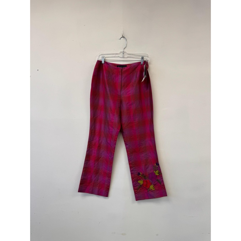 VTG Finity Studio Silk Pants Womens 6 Pink Plaid Straight Leg Embroidered Floral